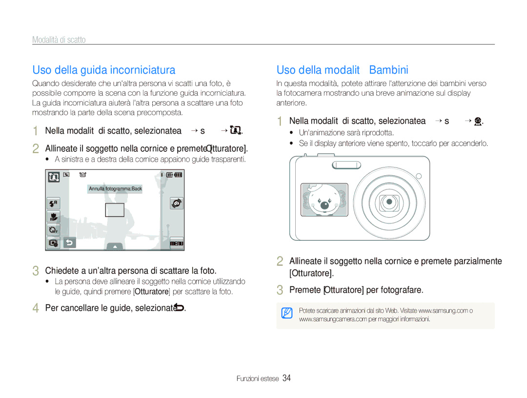 Samsung EC-ST500ZBPUIT Uso della guida incorniciatura, Uso della modalità Bambini, Per cancellare le guide, selezionate 