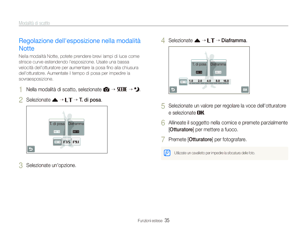 Samsung EC-ST500ZBPRIT Regolazione dellesposizione nella modalità Notte, Selezionate unopzione Selezionate f “ ““Diaframma 