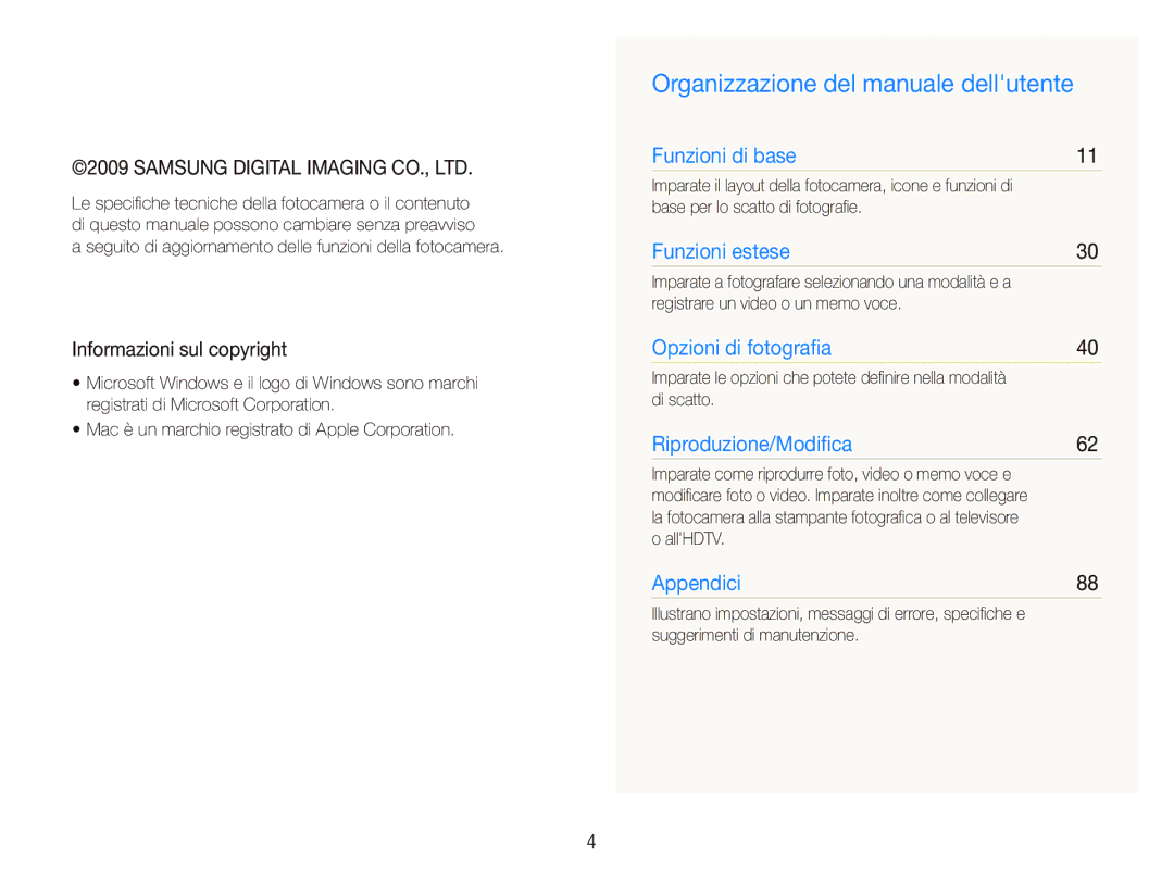 Samsung EC-ST500ZBPSIT, EC-ST500ZBPRIT, EC-ST500ZBPRE1 Organizzazione del manuale dellutente, Informazioni sul copyright 