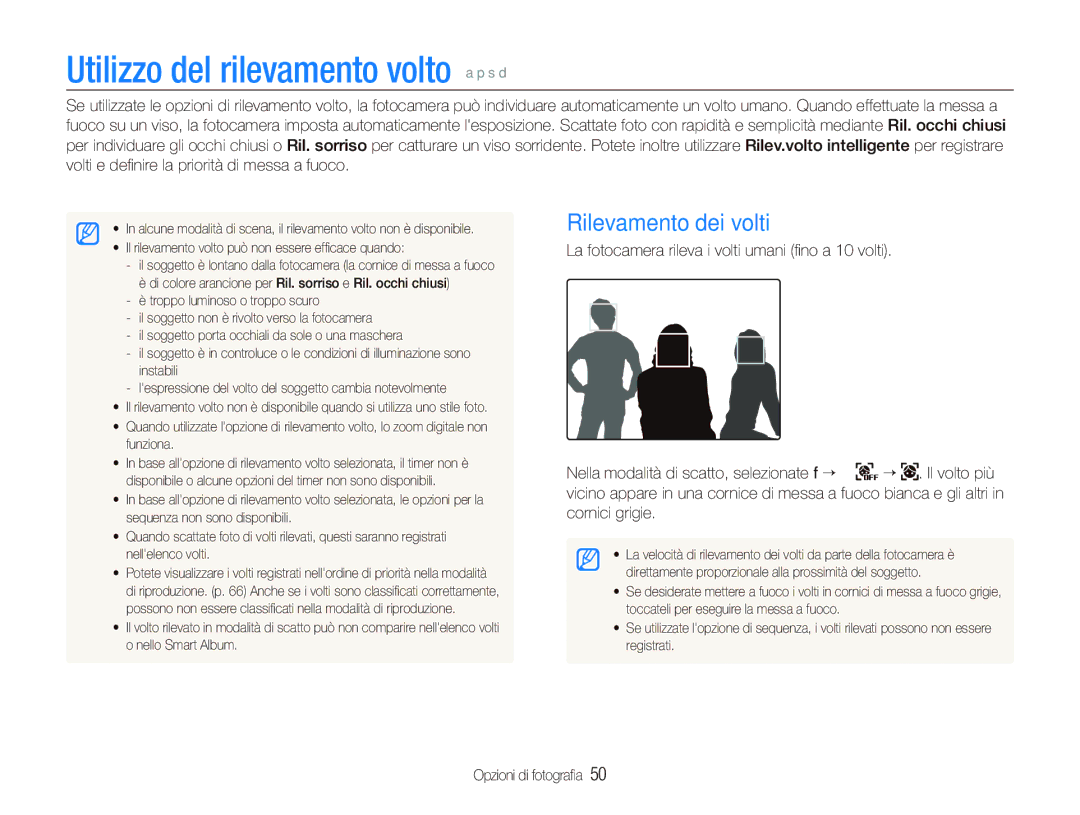 Samsung EC-ST500ZBPUIT, EC-ST500ZBPRIT, EC-ST500ZBPSIT manual Utilizzo del rilevamento volto a p s d, Rilevamento dei volti 