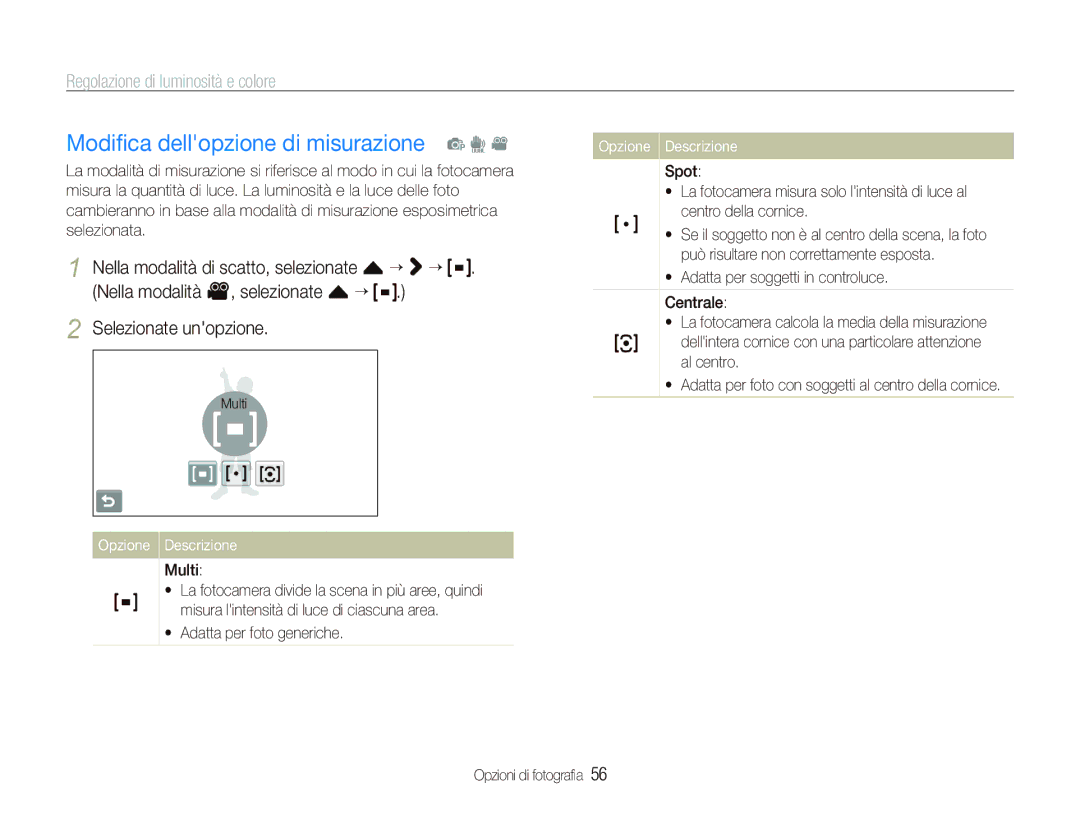 Samsung EC-ST500ZBPSIT Modiﬁca dellopzione di misurazione p d, Nella modalità v, selezionate f “ Selezionate unopzione 