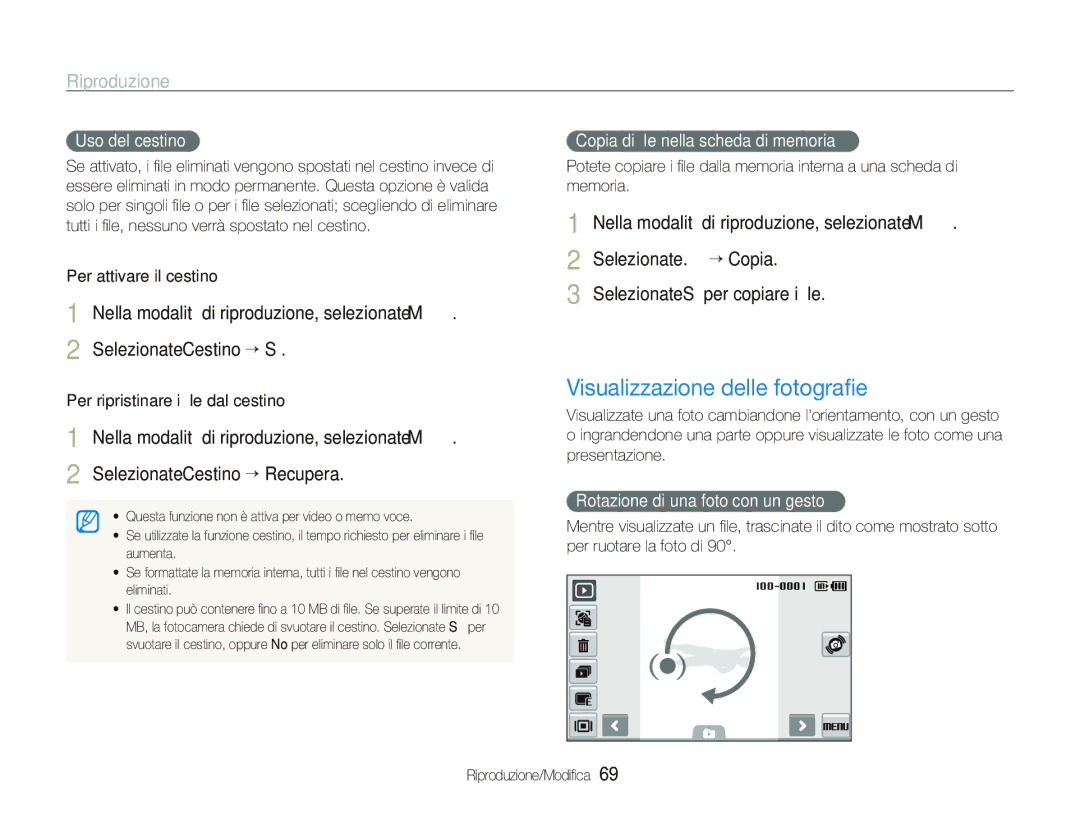 Samsung EC-ST500ZBPRE1 Visualizzazione delle fotograﬁe, Nella modalità di riproduzione, selezionate M, Uso del cestino 