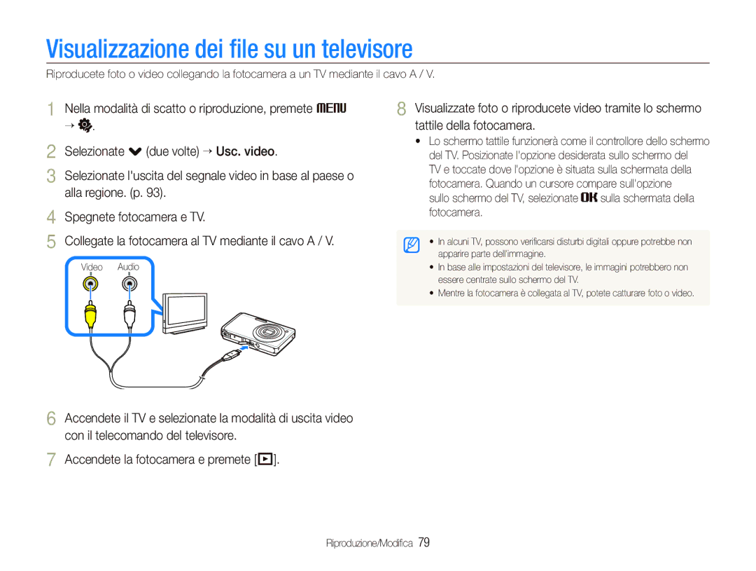 Samsung EC-ST500ZBPRIT, EC-ST500ZBPSIT, EC-ST500ZBPRE1, EC-ST500ZBPUIT manual Visualizzazione dei ﬁle su un televisore 