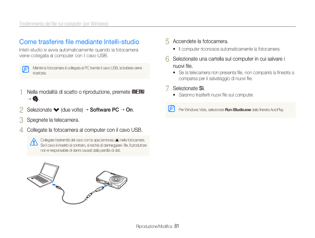 Samsung EC-ST500ZBPRE1 manual Come trasferire ﬁle mediante Intelli-studio, Trasferimento dei ﬁle sul computer per Windows 