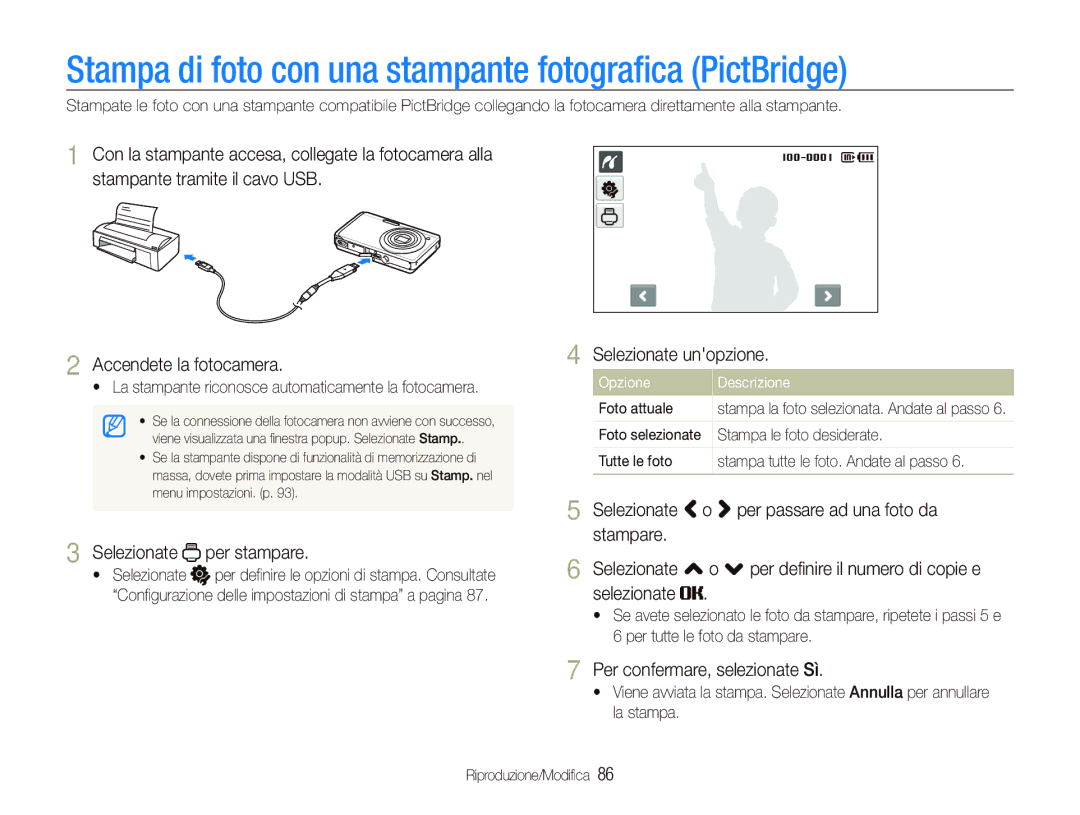 Samsung EC-ST500ZBPUIT, EC-ST500ZBPRIT Stampa di foto con una stampante fotograﬁca PictBridge, Selezionate per stampare 