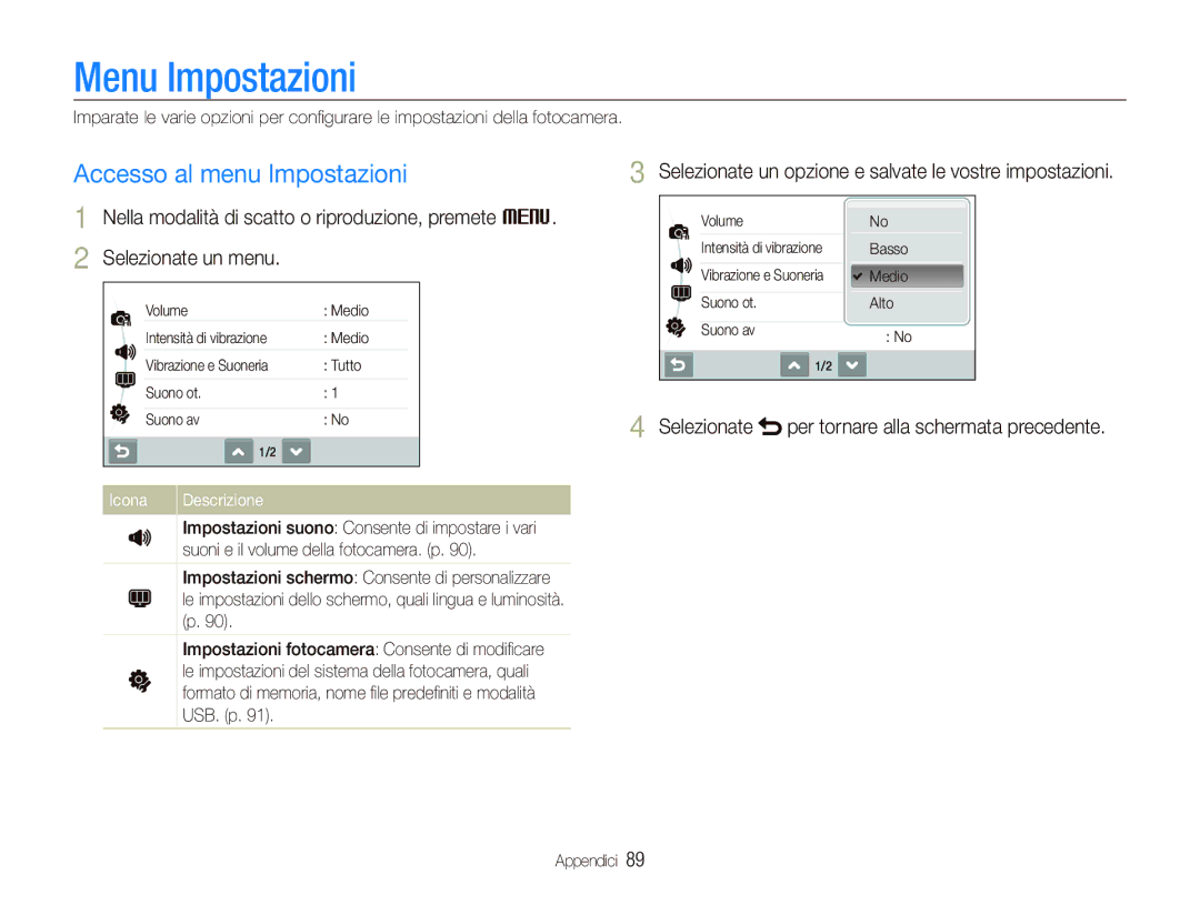 Samsung EC-ST500ZBPRE1 Menu Impostazioni, Accesso al menu Impostazioni, Selezionate per tornare alla schermata precedente 