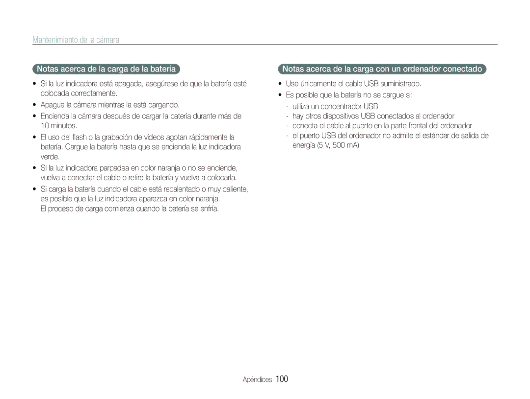 Samsung EC-ST5000BPAE1 manual Notas acerca de la carga de la batería, Notas acerca de la carga con un ordenador conectado 