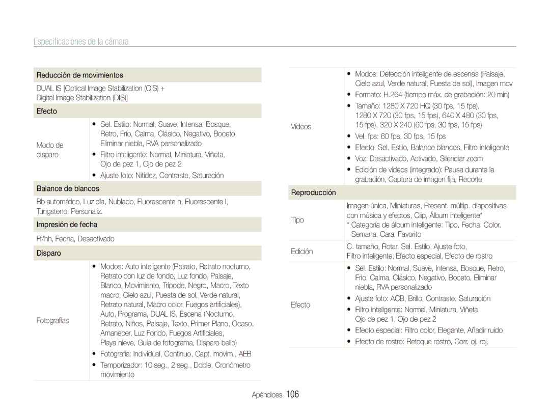 Samsung EC-ST5000BPAE1, EC-ST500ZBPSE1, EC-ST500ZBPRE1, EC-ST5000BPBE1, EC-ST500ZBPUZA manual Especiﬁcaciones de la cámara, 106 