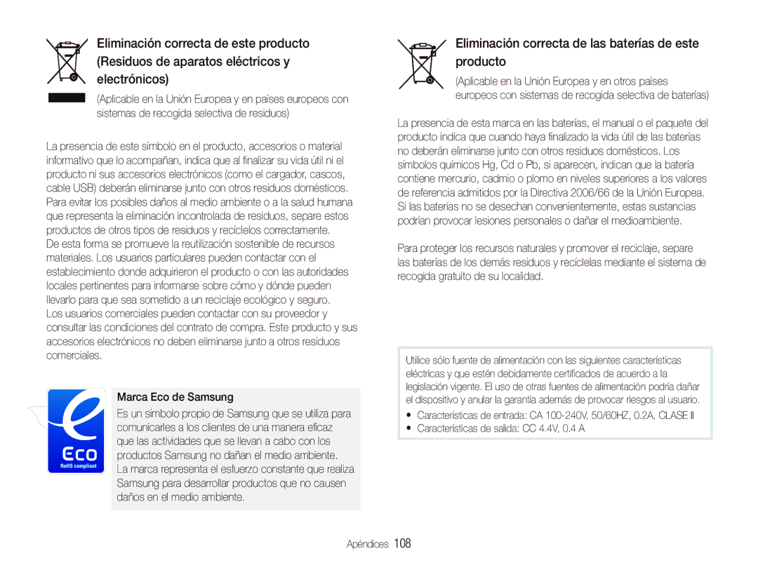 Samsung EC-ST500ZBPRE1, EC-ST500ZBPSE1 manual Eliminación correcta de las baterías de este producto, Marca Eco de Samsung 