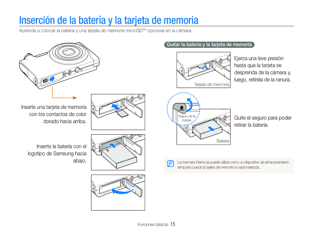 Samsung EC-ST500ZBPSE1, EC-ST500ZBPRE1 manual Inserción de la batería y la tarjeta de memoria, Retirar la batería 