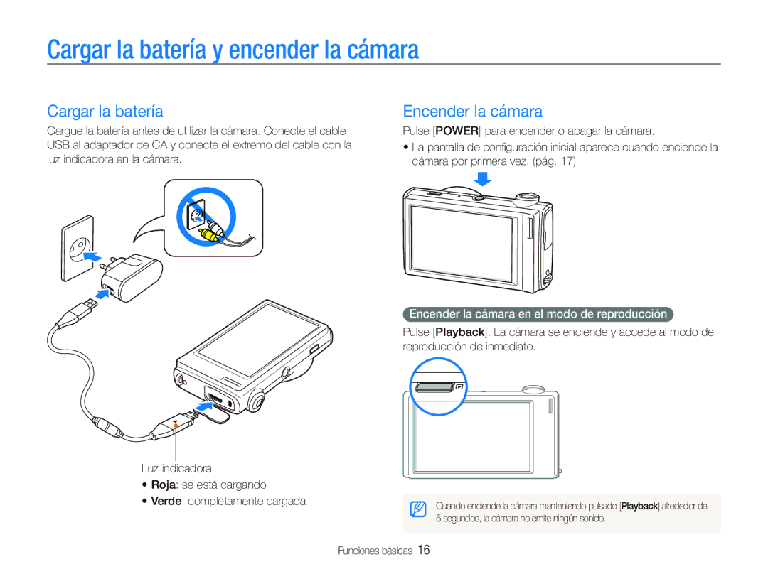 Samsung EC-ST5000BPAE1, EC-ST500ZBPSE1, EC-ST500ZBPRE1 manual Cargar la batería y encender la cámara, Encender la cámara 