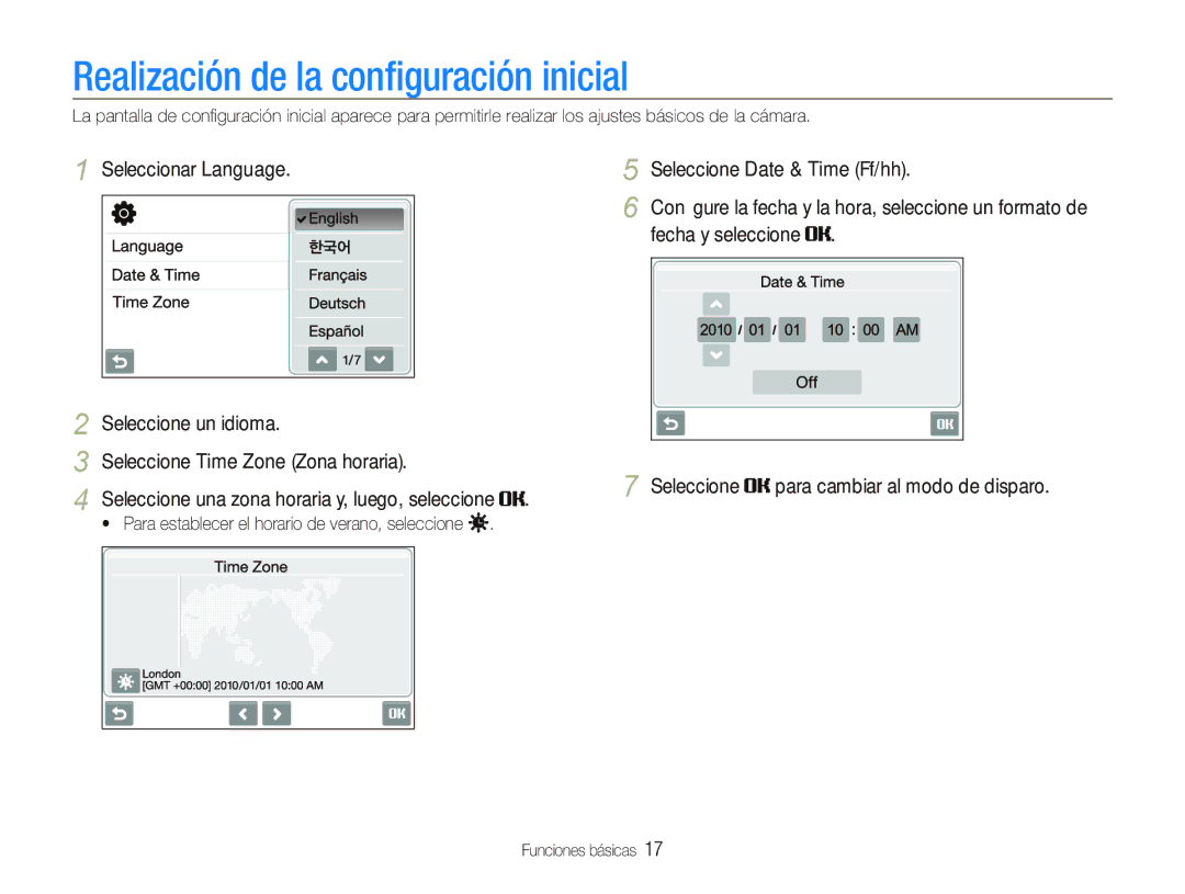 Samsung EC-ST500ZBPSE1 manual Realización de la conﬁguración inicial, Seleccionar Language Seleccione Date & Time Ff/hh 