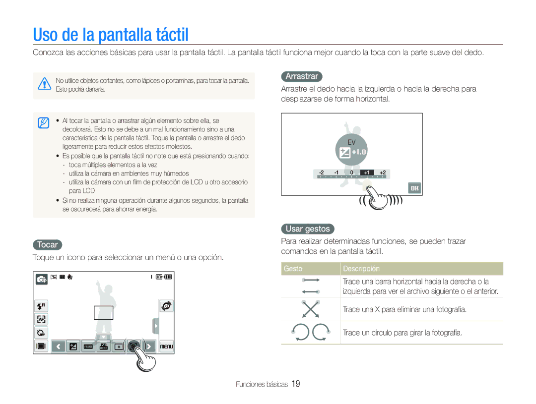 Samsung EC-ST5000BPBE1, EC-ST500ZBPSE1 manual Uso de la pantalla táctil, Arrastrar, Tocar, Usar gestos, Gesto Descripción 