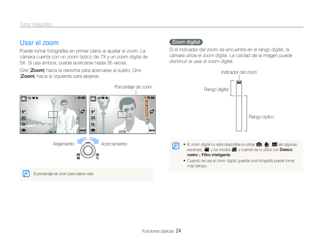 Samsung EC-ST500ZBPRE1, EC-ST500ZBPSE1, EC-ST5000BPBE1, EC-ST500ZBPUZA manual Usar el zoom, Tomar fotografías, Zoom digital 