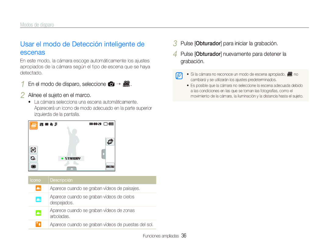 Samsung EC-ST500ZBPRE1, EC-ST500ZBPSE1, EC-ST5000BPBE1 Usar el modo de Detección inteligente de escenas, Icono Descripción 