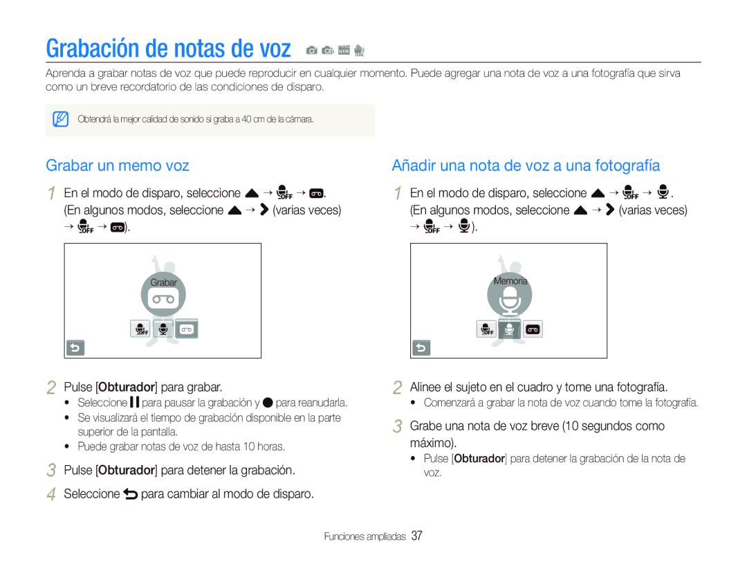 Samsung EC-ST5000BPBE1 Grabación de notas de voz a p s d, Grabar un memo voz, Añadir una nota de voz a una fotografía 