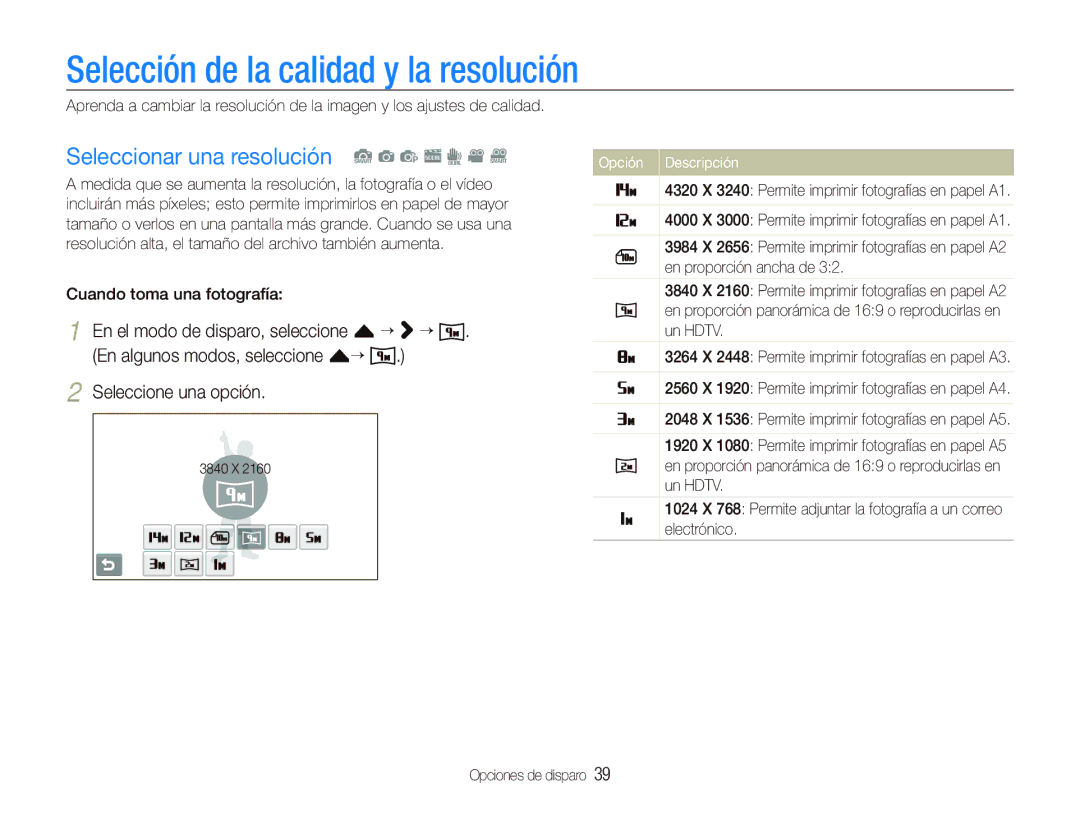 Samsung EC-ST500ZBPSE1 manual Selección de la calidad y la resolución, Seleccionar una resolución S a p s d v D 