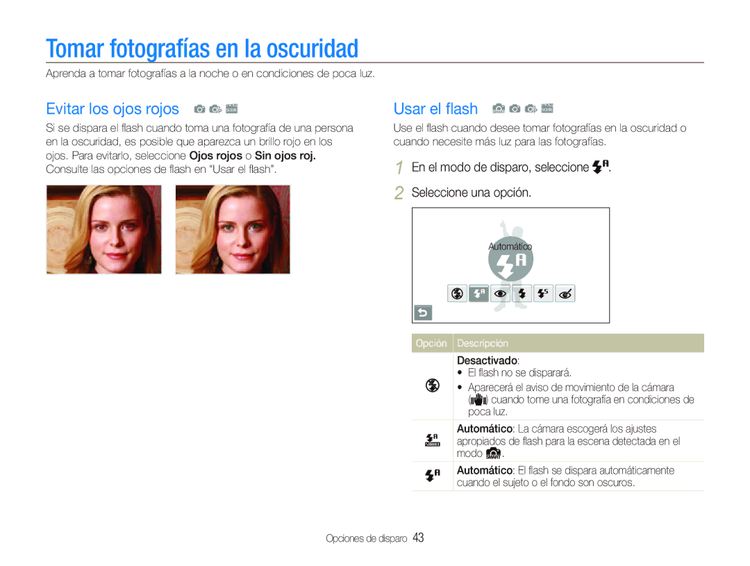 Samsung EC-ST5000BPBE1, EC-ST500Z Tomar fotografías en la oscuridad, Evitar los ojos rojos a p s, Usar el ﬂash S a p s 