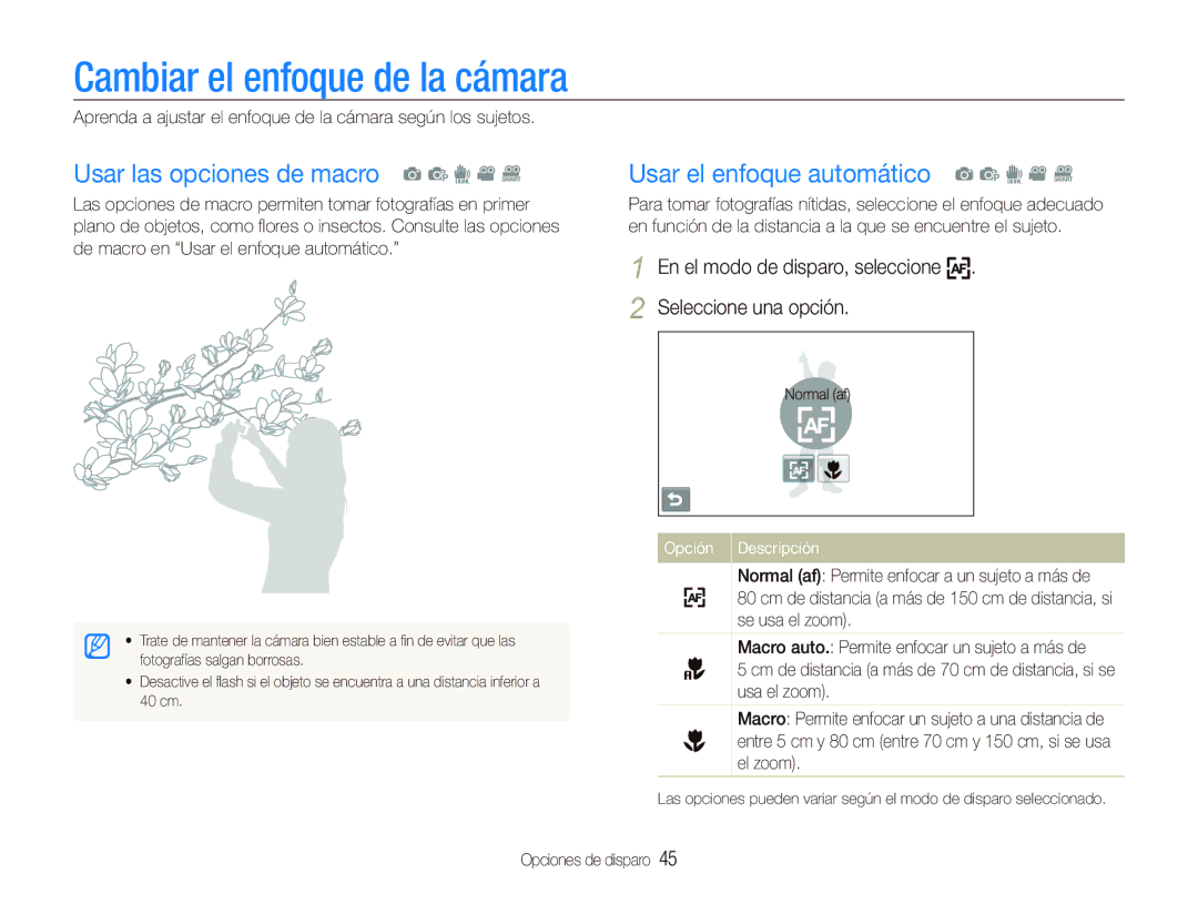 Samsung EC-ST500ZBPSE1, EC-ST500ZBPRE1 manual Cambiar el enfoque de la cámara, Usar las opciones de macro a p d v D 