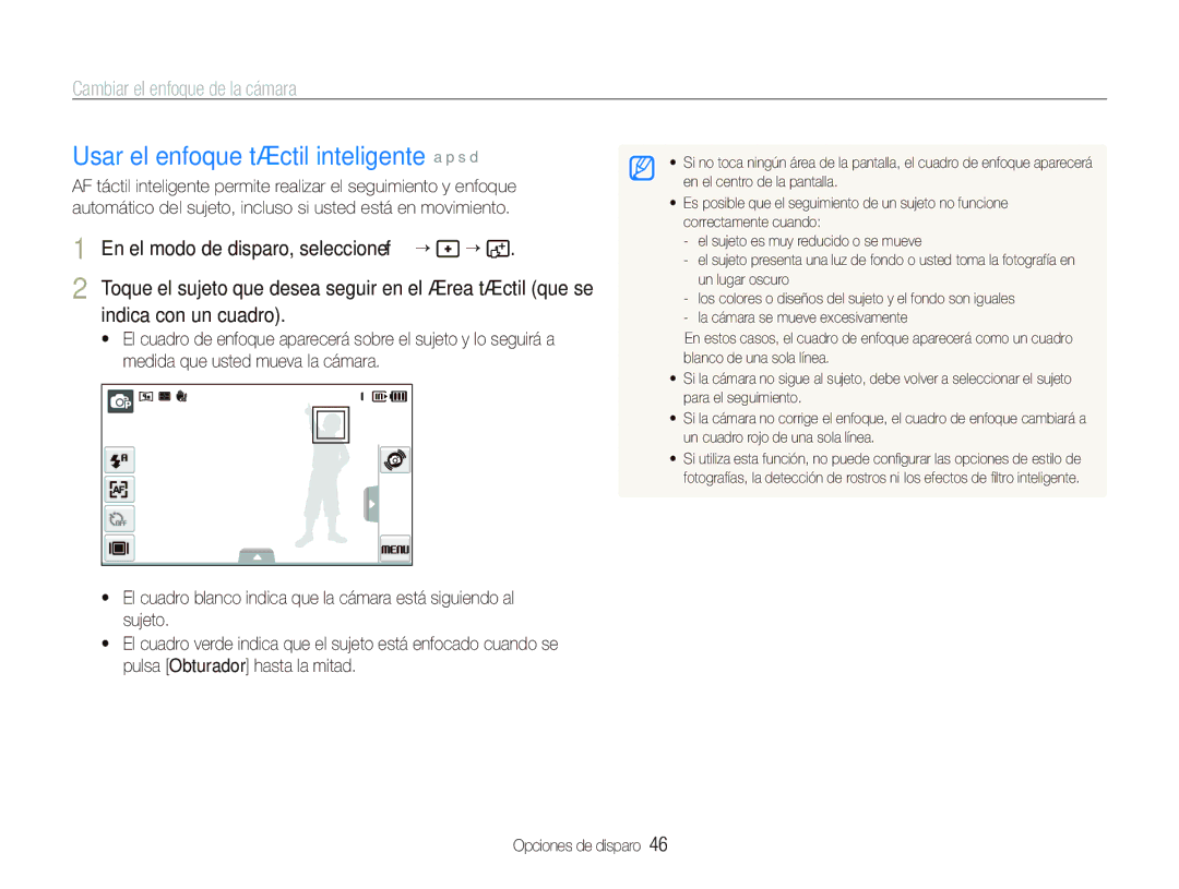 Samsung EC-ST5000BPAE1 Usar el enfoque táctil inteligente a p s d, Cambiar el enfoque de la cámara, Indica con un cuadro 