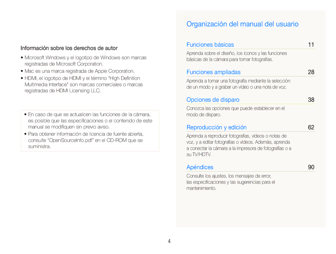 Samsung EC-ST5000BPAE1, EC-ST500Z Organización del manual del usuario, Información sobre los derechos de autor, Su TV/HDTV 