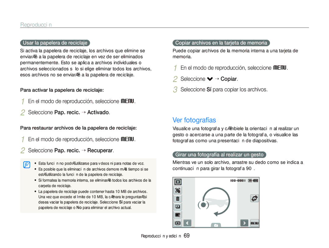 Samsung EC-ST500ZBPSE1 manual Ver fotografías, Usar la papelera de reciclaje, Copiar archivos en la tarjeta de memoria 