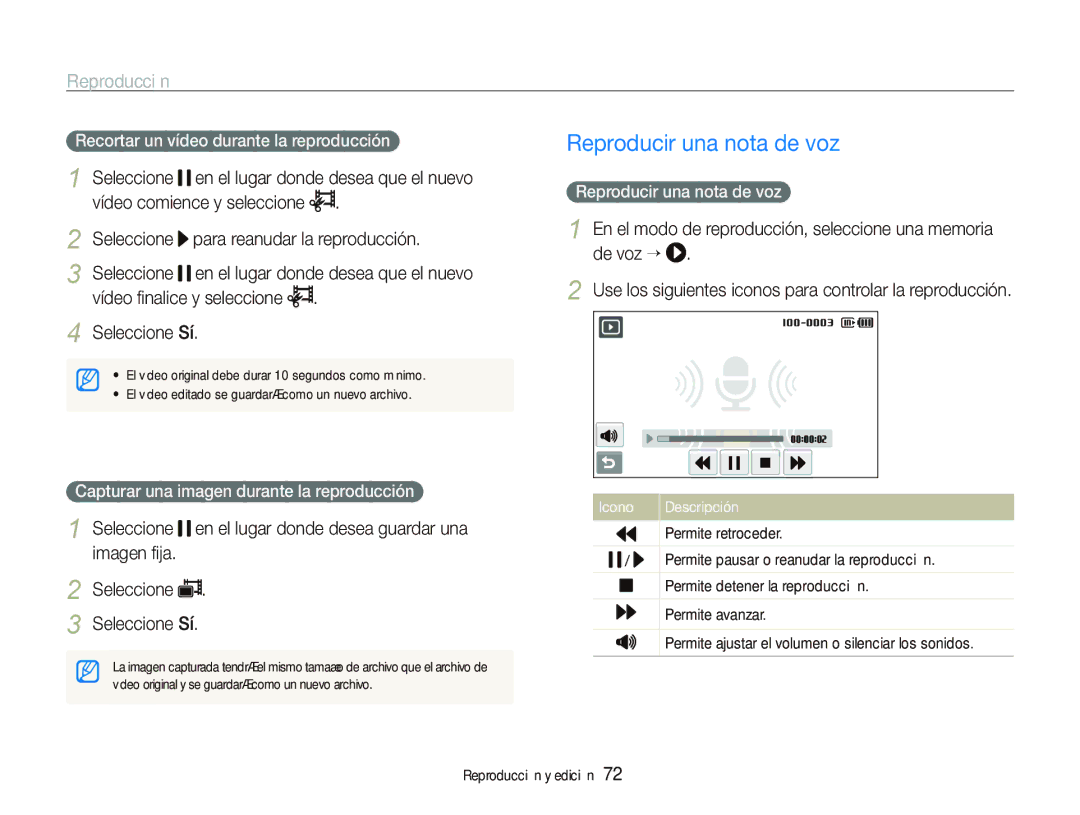 Samsung EC-ST500ZBPRE1 manual Reproducir una nota de voz, Seleccione Sí, Recortar un vídeo durante la reproducción 