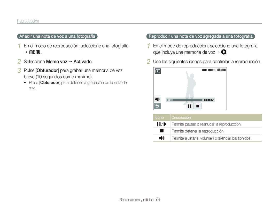 Samsung EC-ST5000BPBE1 manual Añadir una nota de voz a una fotografía, Reproducir una nota de voz agregada a una fotografía 
