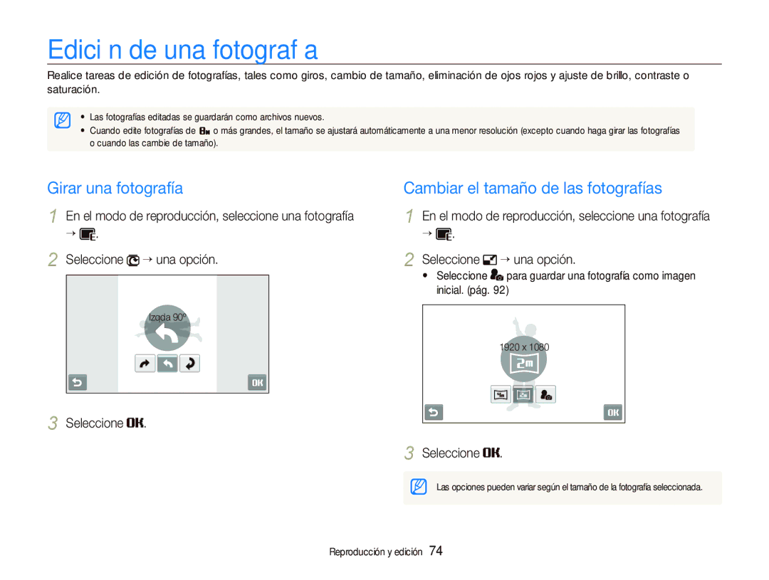 Samsung EC-ST500ZBPUZA Edición de una fotografía, Girar una fotografía Cambiar el tamaño de las fotografías,  Seleccione 