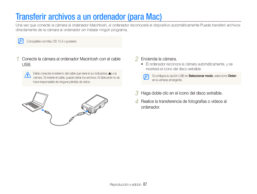 Samsung EC-ST500Z Transferir archivos a un ordenador para Mac, Conecte la cámara al ordenador Macintosh con el cable USB 