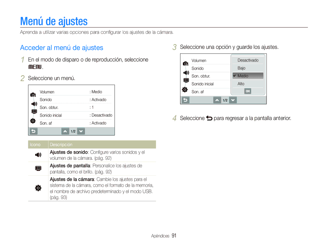 Samsung EC-ST5000BPBE1 Menú de ajustes, Acceder al menú de ajustes, Seleccione una opción y guarde los ajustes, Apéndices 