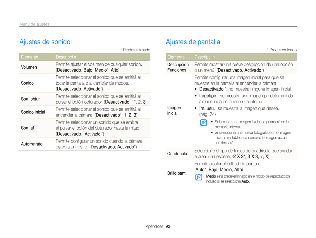 Samsung EC-ST500ZBPUZA, EC-ST500ZBPSE1 manual Ajustes de sonido, Ajustes de pantalla, Menú de ajustes, Elemento Descripción 