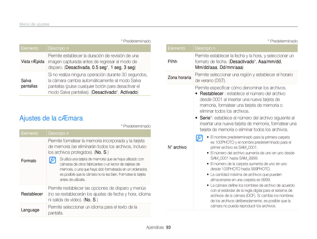 Samsung EC-ST500ZBPSE1, EC-ST500ZBPRE1, EC-ST5000BPBE1, EC-ST500ZBPUZA, EC-ST5000BPAE1 manual Ajustes de la cámara 