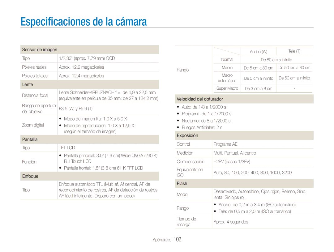 Samsung EC-ST500ZBPSE1, EC-ST500ZBPRE1, EC-ST500ZBPUZA manual Especificaciones de la cámara, 102 