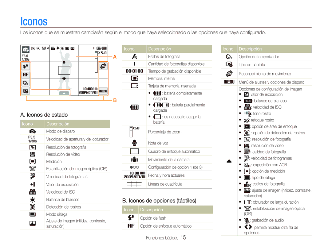 Samsung EC-ST500ZBPSE1, EC-ST500ZBPRE1, EC-ST500ZBPUZA Iconos de estado, Iconos de opciones táctiles, Icono Descripción 