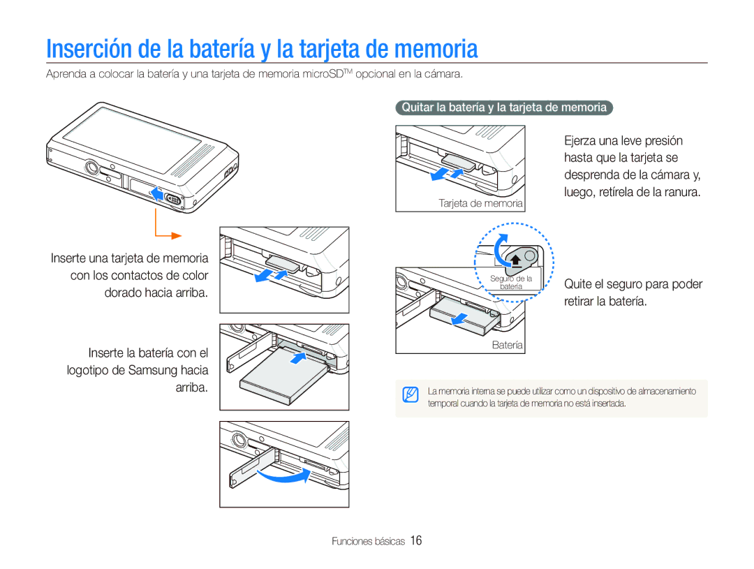 Samsung EC-ST500ZBPRE1 Inserción de la batería y la tarjeta de memoria, Quitar la batería y la tarjeta de memoria, Batería 