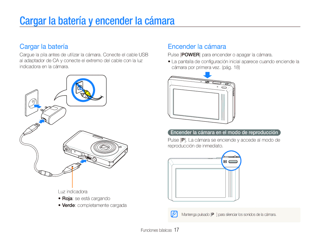 Samsung EC-ST500ZBPUZA, EC-ST500ZBPSE1, EC-ST500ZBPRE1 manual Cargar la batería y encender la cámara, Encender la cámara 