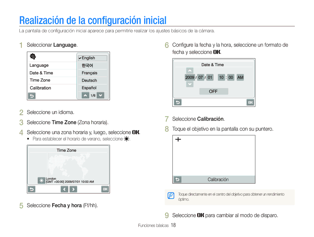 Samsung EC-ST500Z manual Realización de la conﬁguración inicial, Seleccione para cambiar al modo de disparo, Calibración 