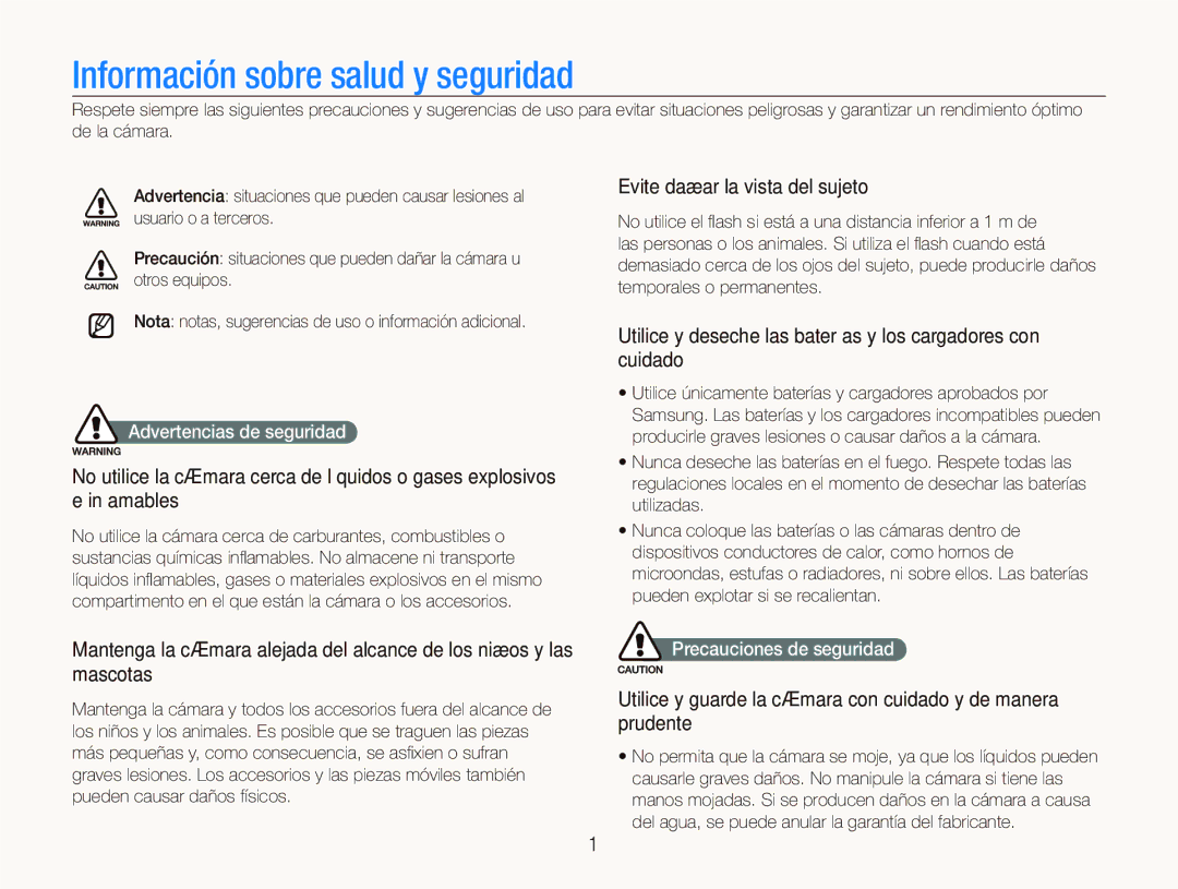 Samsung EC-ST500ZBPUZA manual Evite dañar la vista del sujeto, Utilice y deseche las baterías y los cargadores con cuidado 