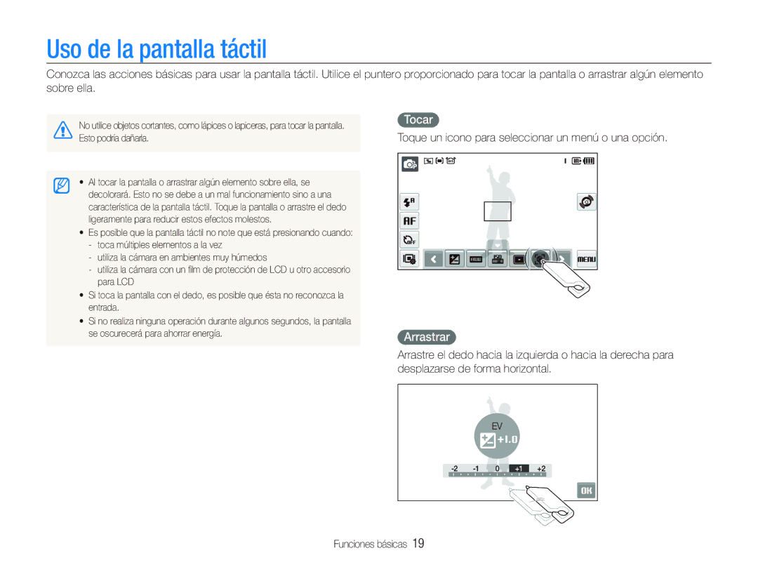 Samsung EC-ST500ZBPSE1 Uso de la pantalla táctil, Tocar, Arrastrar, Toque un icono para seleccionar un menú o una opción 