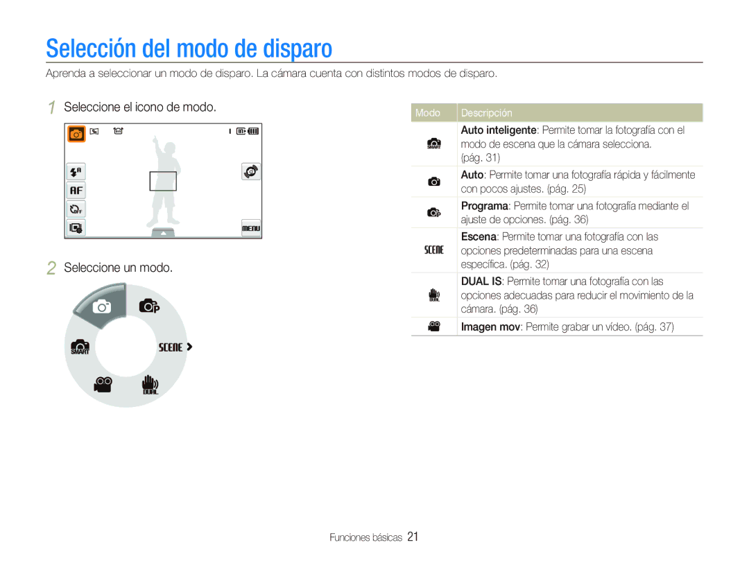 Samsung EC-ST500ZBPUZA, EC-ST500ZBPSE1 Selección del modo de disparo, Seleccione el icono de modo Seleccione un modo, Modo 