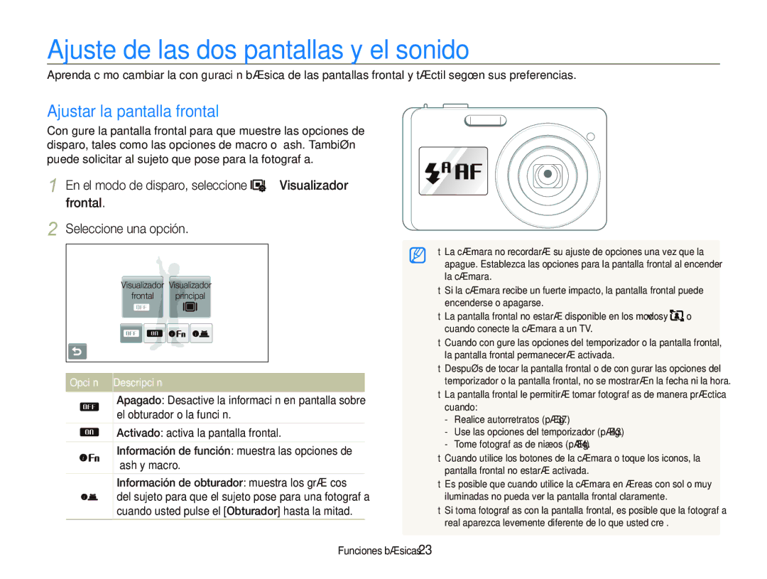 Samsung EC-ST500ZBPSE1 manual Ajuste de las dos pantallas y el sonido, Ajustar la pantalla frontal, Opción Descripción 