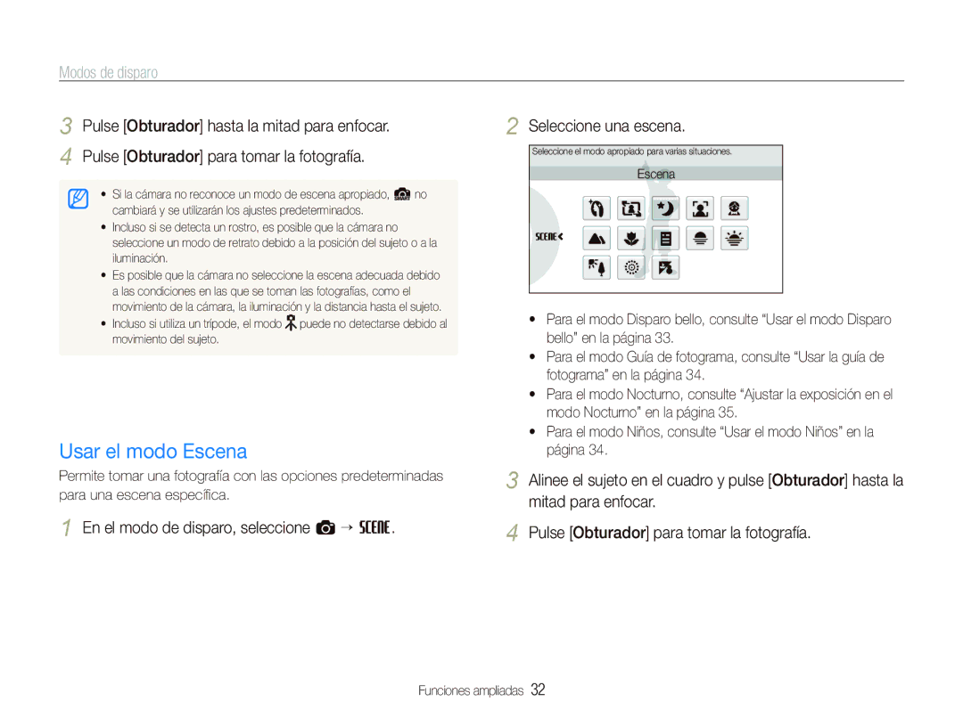 Samsung EC-ST500ZBPRE1, EC-ST500ZBPSE1, EC-ST500ZBPUZA manual Usar el modo Escena, Modos de disparo, Seleccione una escena 