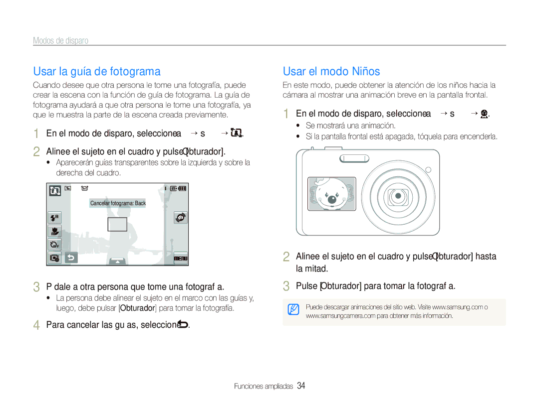 Samsung EC-ST500Z manual Usar la guía de fotograma, Usar el modo Niños, Pídale a otra persona que tome una fotografía 