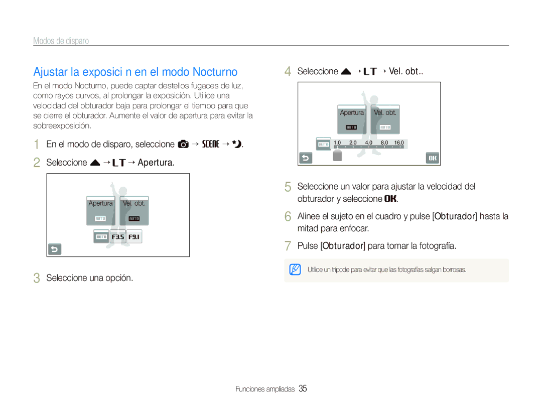 Samsung EC-ST500ZBPSE1 manual Ajustar la exposición en el modo Nocturno, Seleccione una opción Seleccione f “ ““Vel. obt 