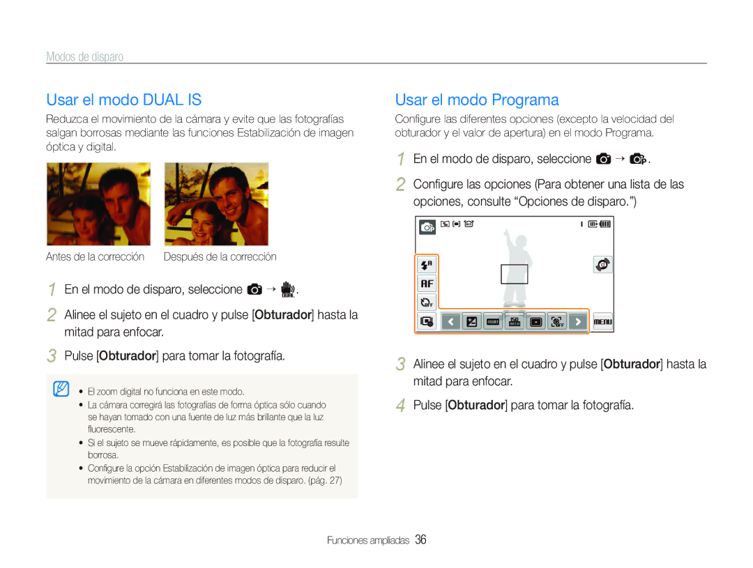 Samsung EC-ST500ZBPRE1 manual Usar el modo Dual is, Usar el modo Programa, En el modo de disparo, seleccione a “ p 