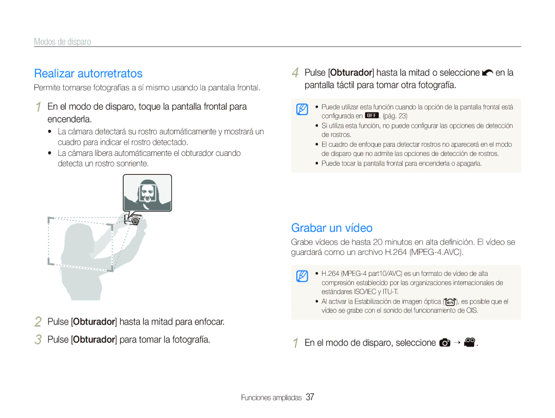 Samsung EC-ST500ZBPUZA, EC-ST500ZBPSE1 manual Realizar autorretratos, Grabar un vídeo, En el modo de disparo, seleccione a “ 