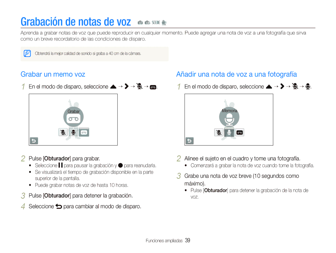 Samsung EC-ST500ZBPSE1 manual Grabación de notas de voz a p s d, Grabar un memo voz Añadir una nota de voz a una fotografía 