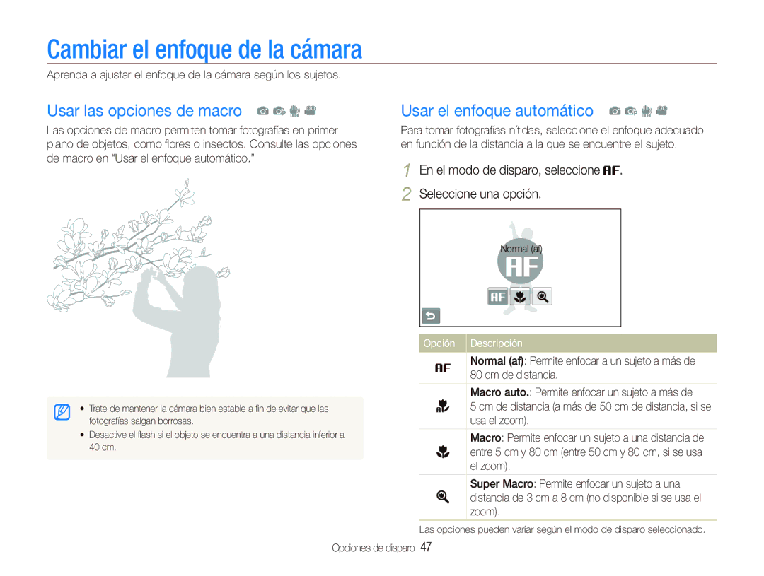 Samsung EC-ST500ZBPSE1 Cambiar el enfoque de la cámara, Usar las opciones de macro a p d, Usar el enfoque automático a p d 