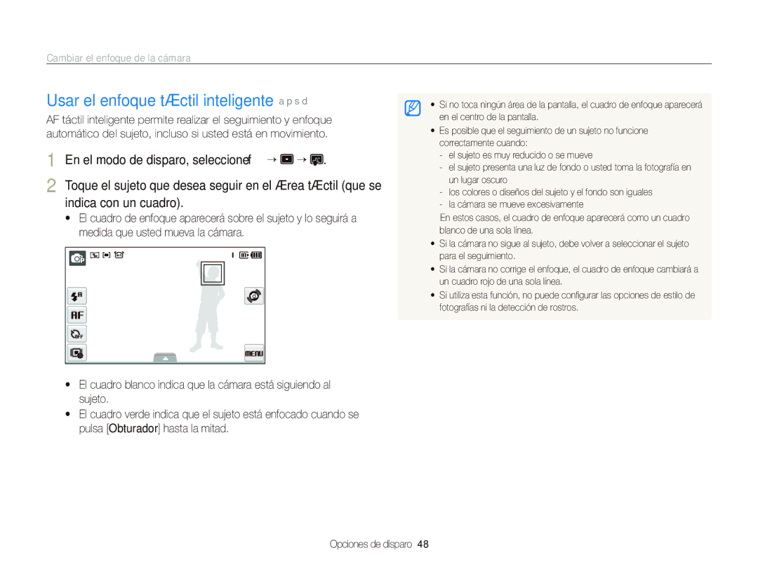 Samsung EC-ST500ZBPRE1 Usar el enfoque táctil inteligente a p s d, Cambiar el enfoque de la cámara, Indica con un cuadro 